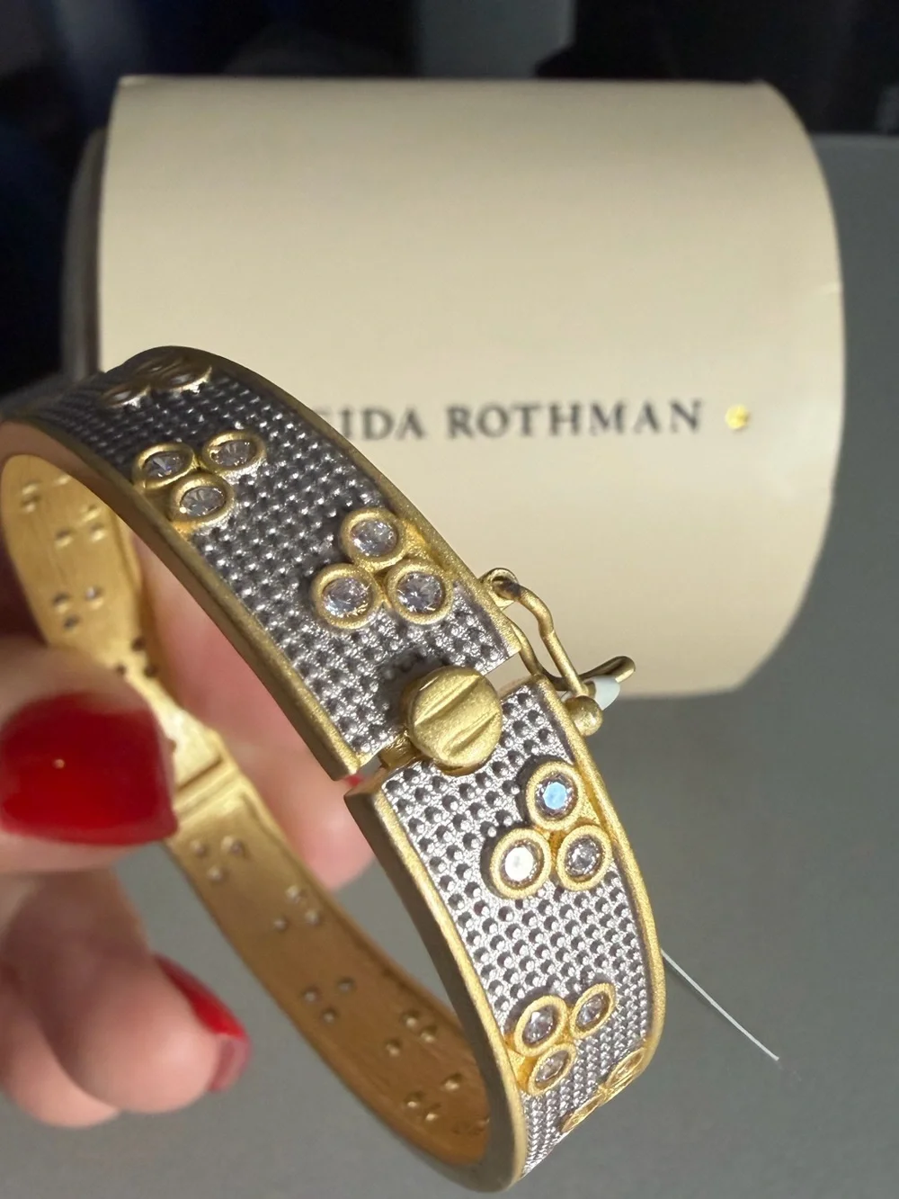 Freida Rothman Gold over Silver 925 Crystal Bangle Bracelet, NWT